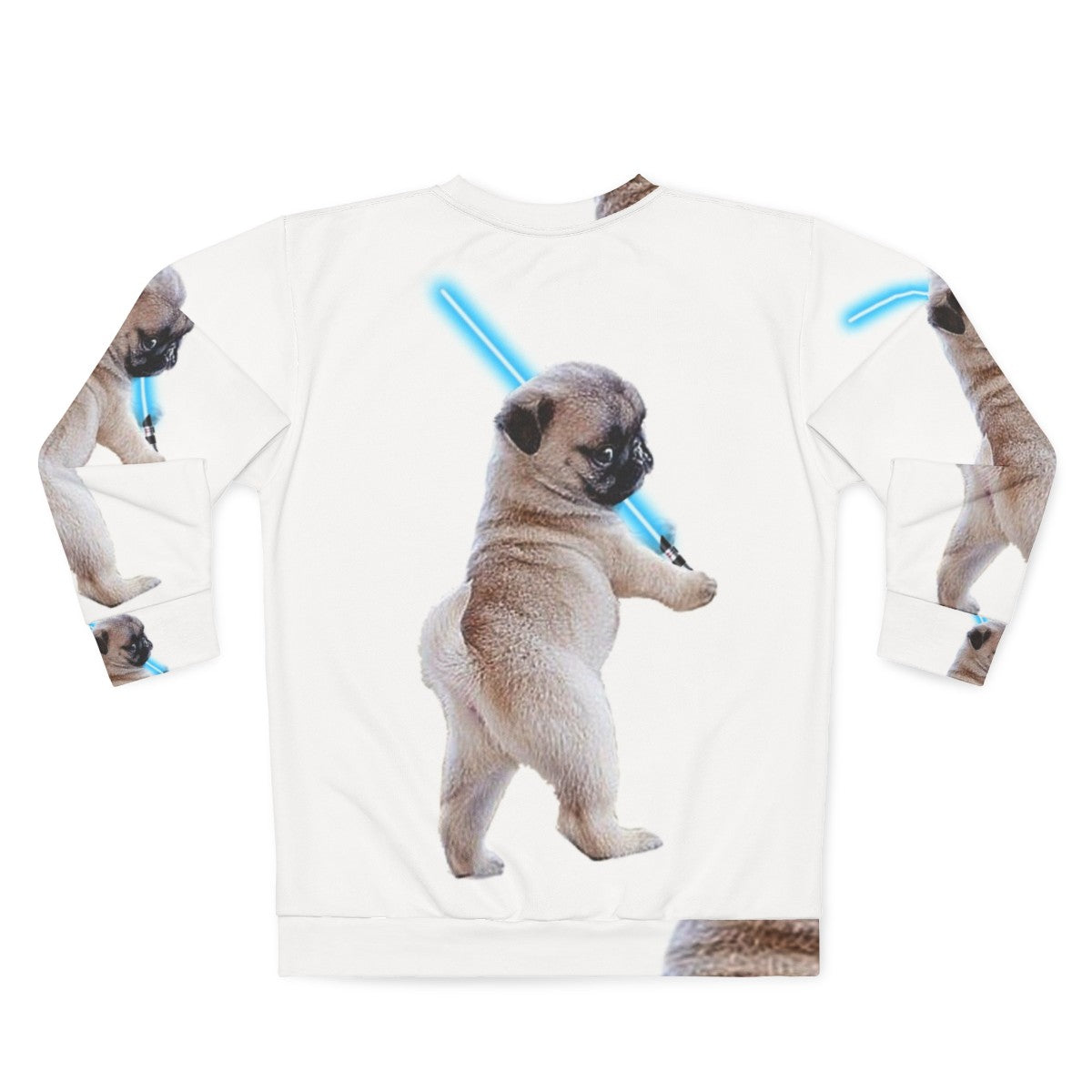 Pug wearing a sweatshirt with a lightsaber graphic - Back