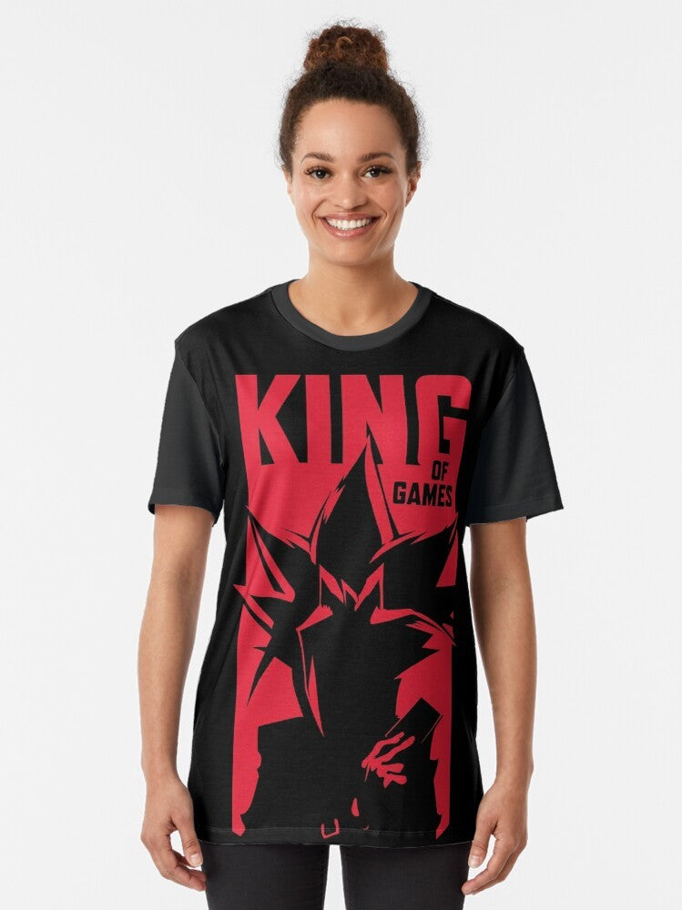 Yugioh King of Games Graphic T-Shirt featuring Yugi, Yami, Joey, Kaiba, and other iconic characters from the anime and manga series. - Women