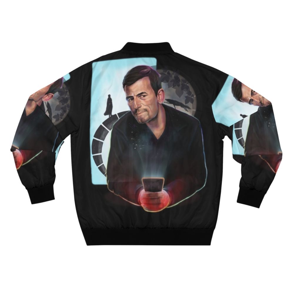 Dracula Transylvania bomber jacket featuring a hand-drawn painting of a dinner scene with the moon, vampires, and wolves - Back