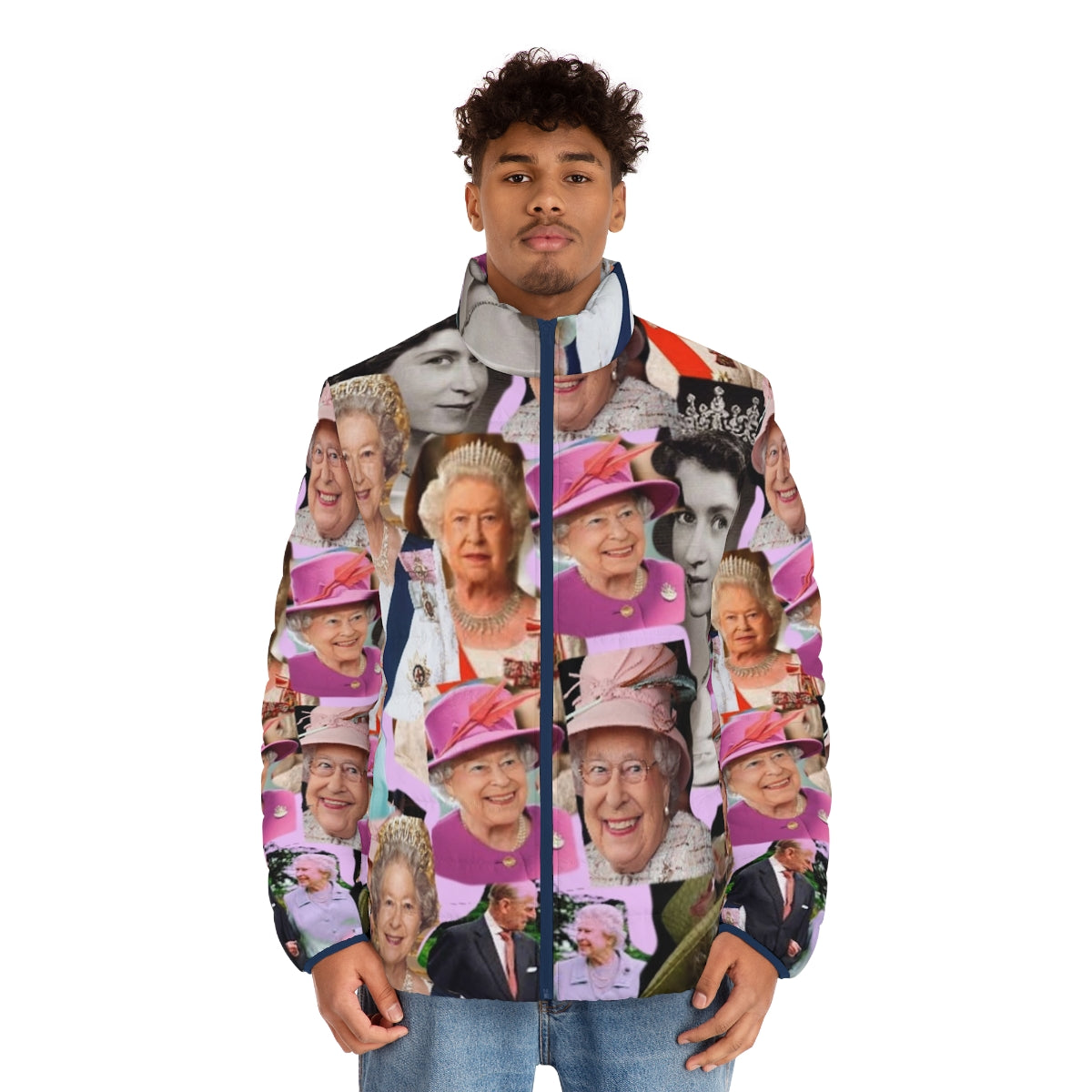 Queen Elizabeth II Pop Art Collage Puffer Jacket - men front