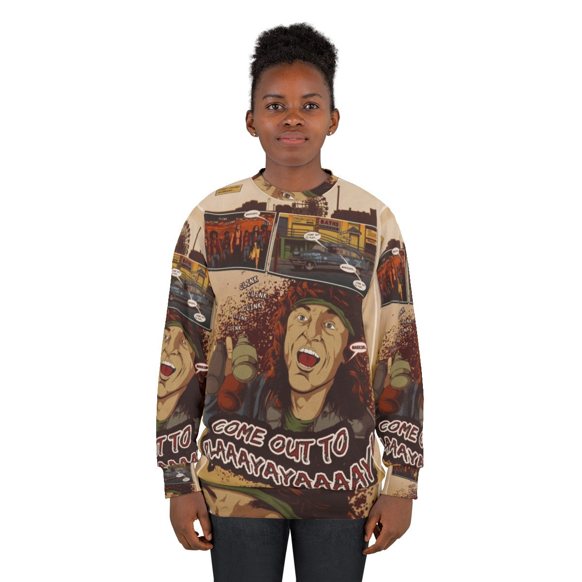 "The Warriors 'Come Out to Play' Retro Sweatshirt featuring movie quotes and comic-style art" - women