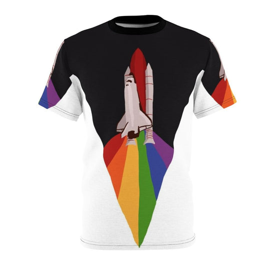 Vibrant AOP t-shirt design featuring a space shuttle in a rainbow color scheme, perfect for expressing LGBTQ+ pride.