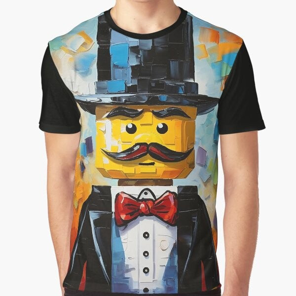 A colorful and funky graphic t-shirt featuring a lego tycoon or brick magnate character.