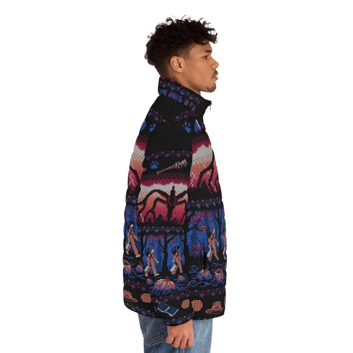 Stranger Things themed holiday puffer jacket with Mind Flayer design - men side right