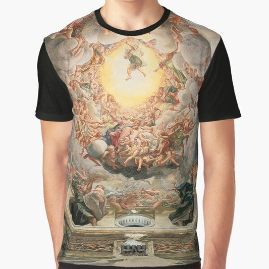 Graphic t-shirt featuring Michelangelo's iconic Sistine Chapel ceiling artwork.