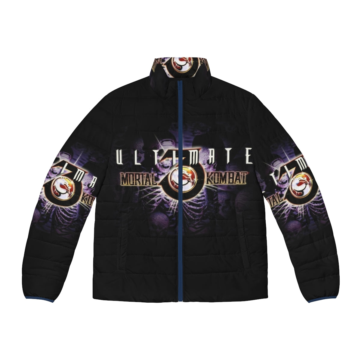 Mortal Kombat 3 themed puffer jacket with classic video game character graphics