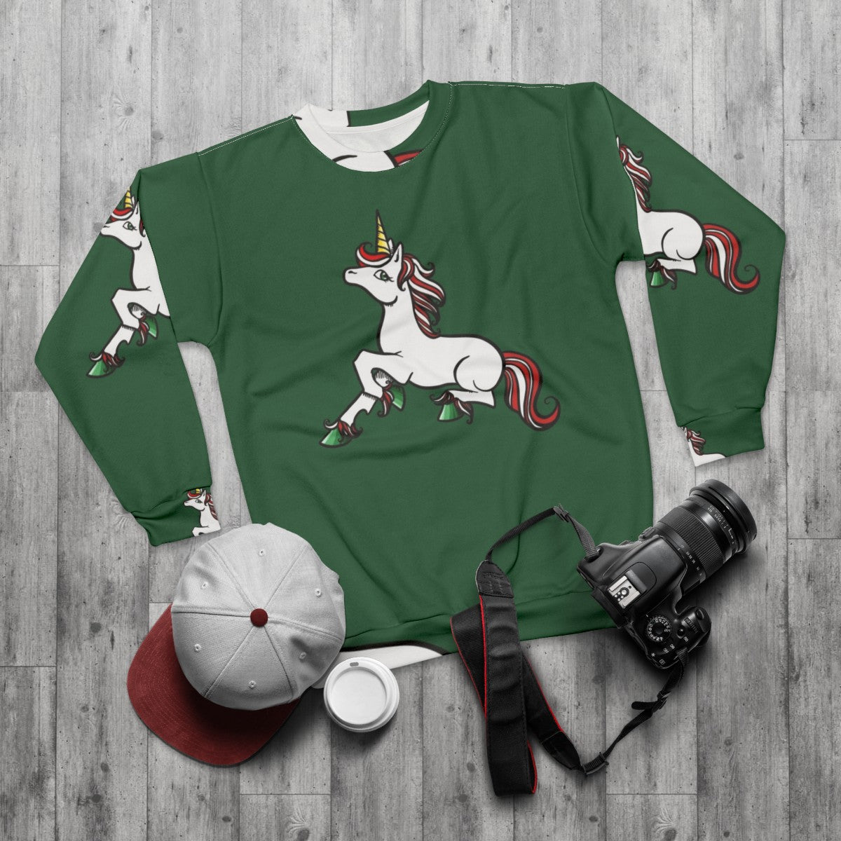 Christmas unicorn sweatshirt with a cozy and enchanting design - flat lay