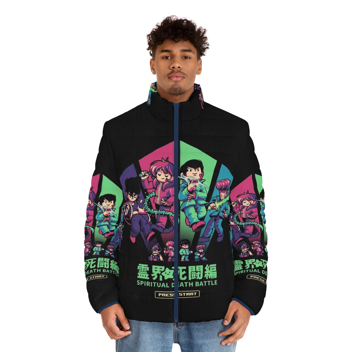 Spiritual Battle Puffer Jacket with anime-inspired 90s pixelart design - men front