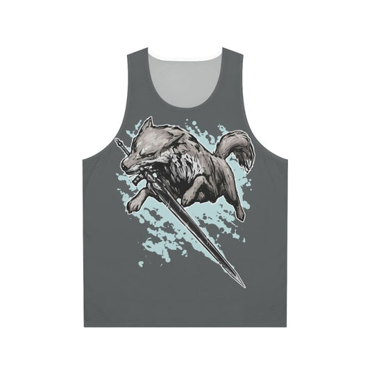 Unisex dark souls inspired wolf and sword fight tank top