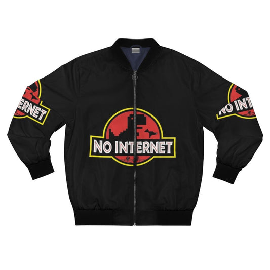 Jurassic Park inspired bomber jacket with a retro video game design for offline gaming