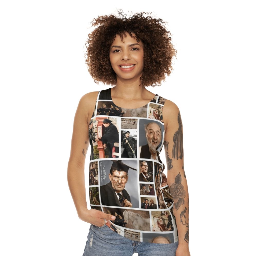 Unisex tank top featuring colourized film stills from classic British comedy - women