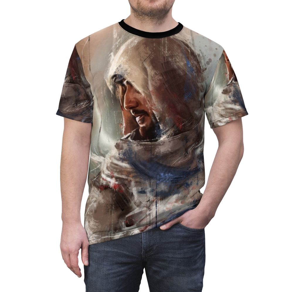 Basim inspired character portrait design on a t-shirt - men front