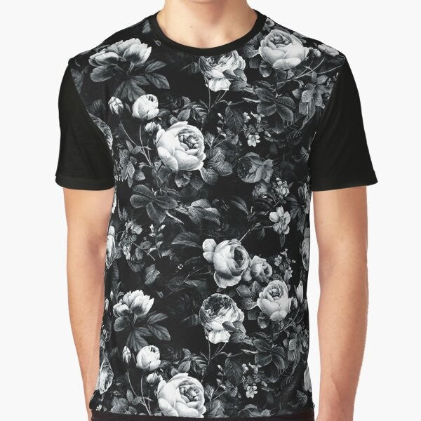 Black and white roses graphic design on a t-shirt