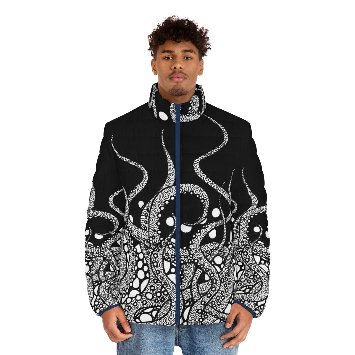 Tentacles Puffer Jacket with minimalist octopus line art design - men front