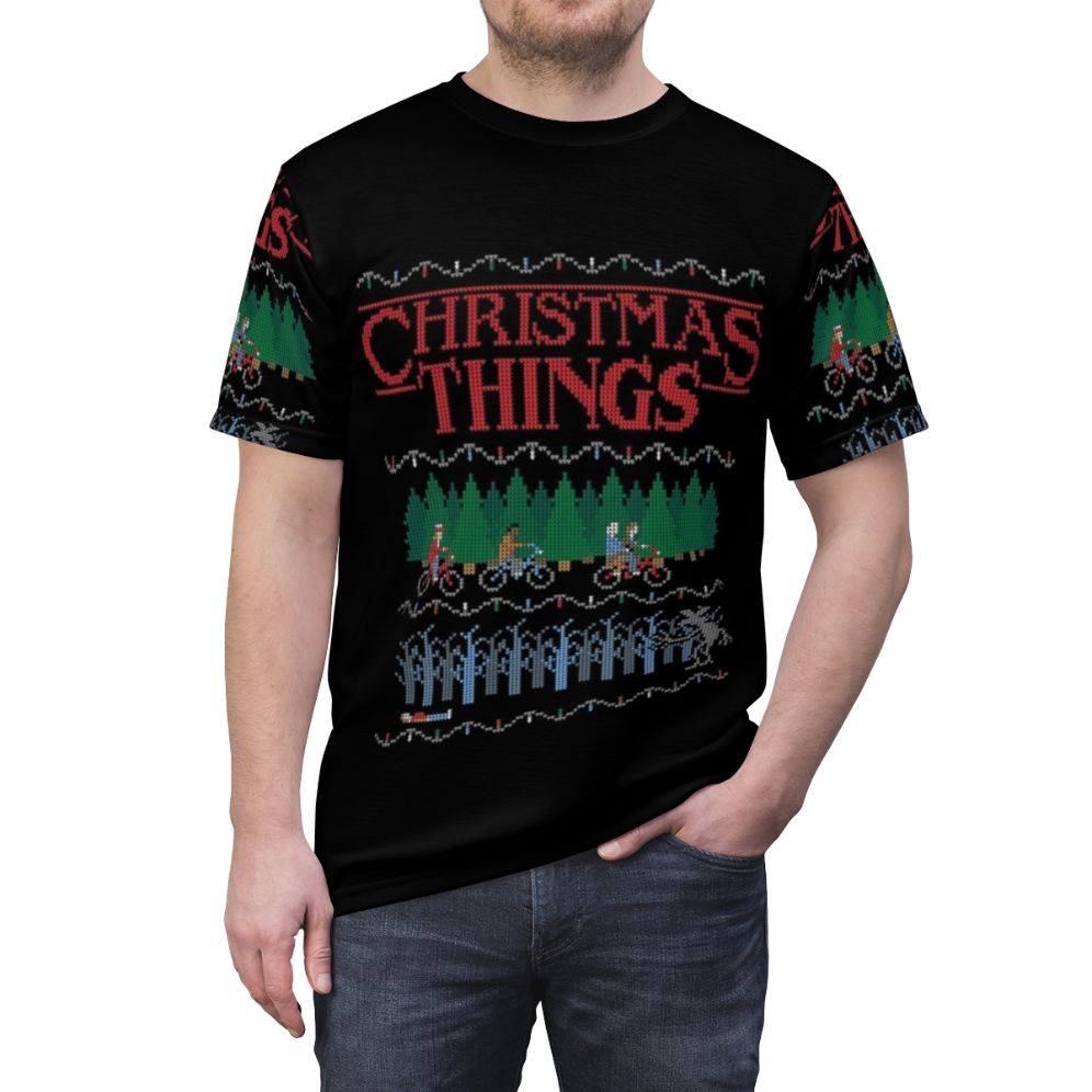 Stranger Things inspired Christmas t-shirt design with holiday elements - men front