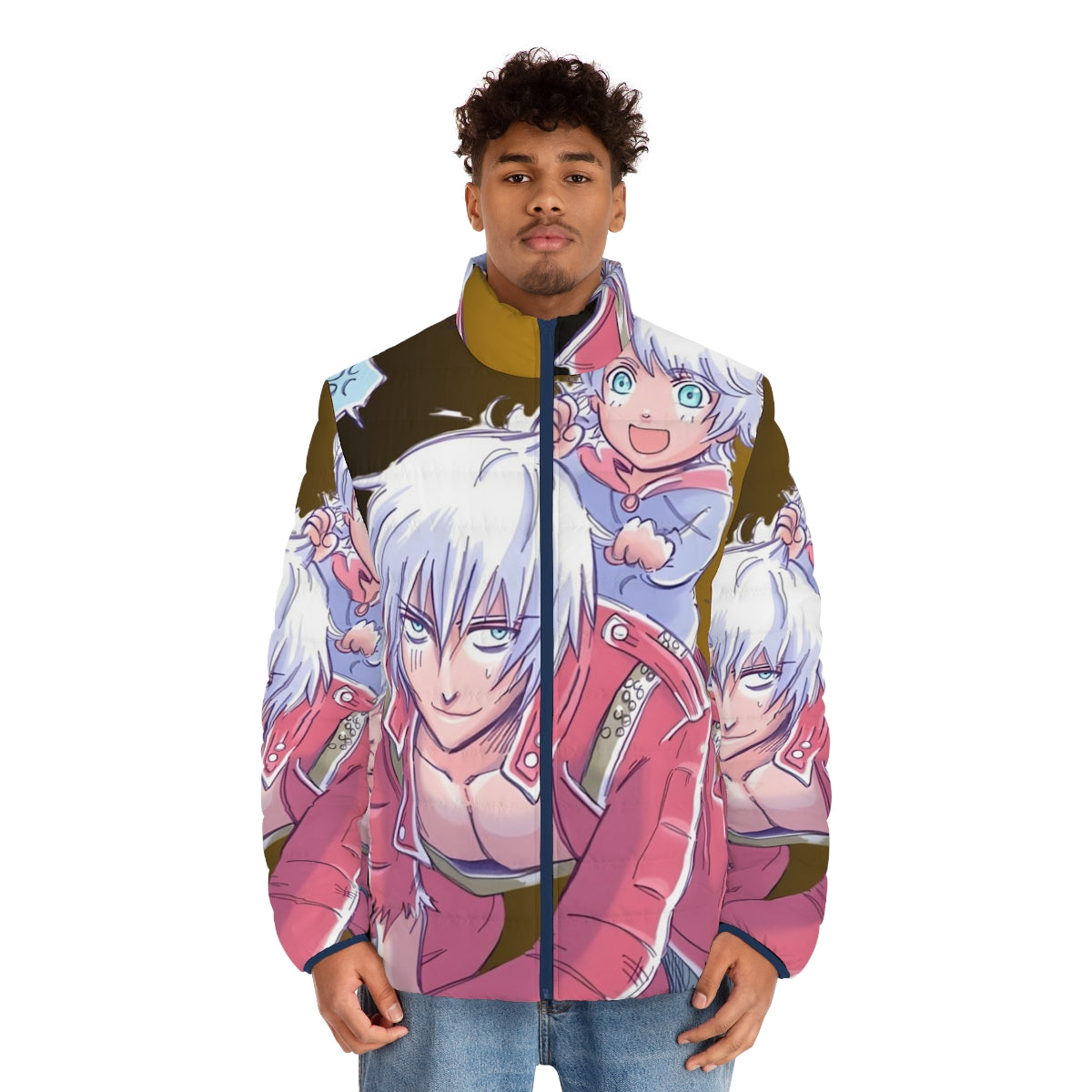 Devil May Cry inspired puffer jacket featuring fan art design - men front