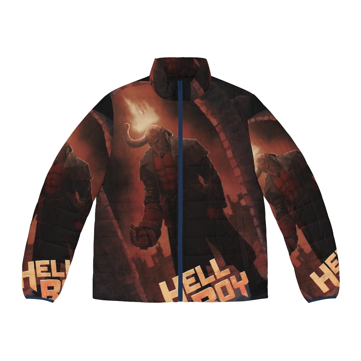 Hellboy fan poster puffer jacket with demon arch design