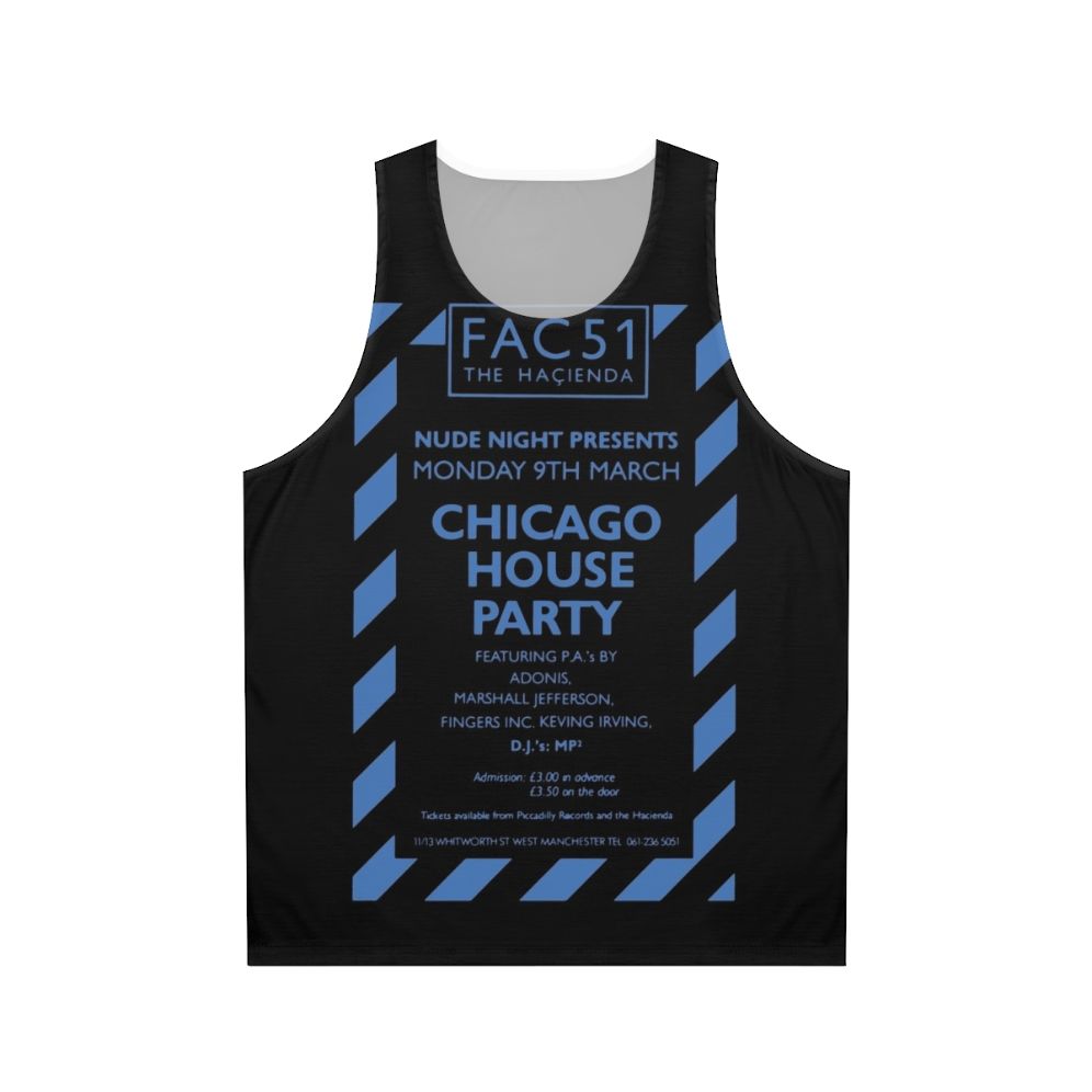 Unisex tank top featuring the iconic Hacienda club from the Chicago house music scene in 1987