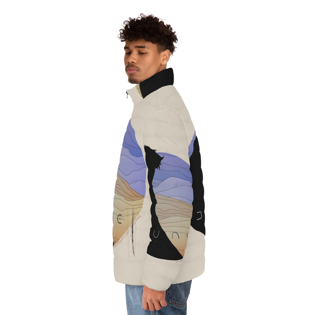 Dune-inspired puffer jacket featuring the iconic Paul Atreides character - men side left