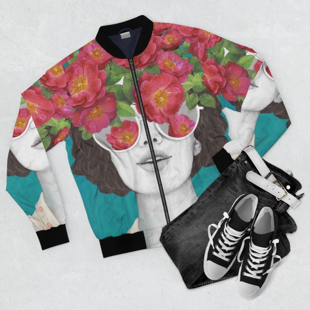 A rose-tinted watercolor bomber jacket with a surreal, abstract floral design featuring a woman's face and glasses. - Flat lay