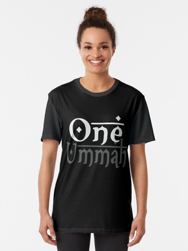 Muslim unity t-shirt with "One Ummah" graphic and night sky design - Women