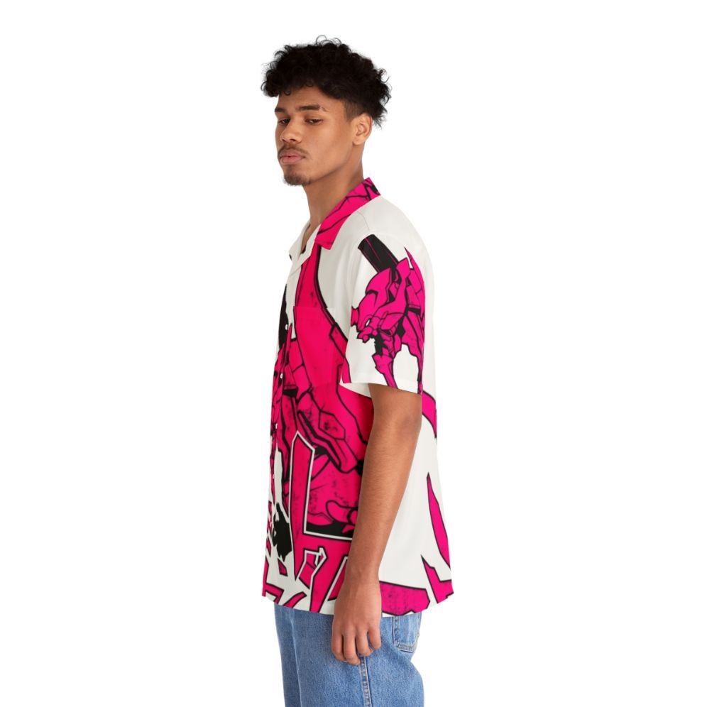 Pink Evangelion inspired Hawaiian shirt with vintage anime graphics - People Left