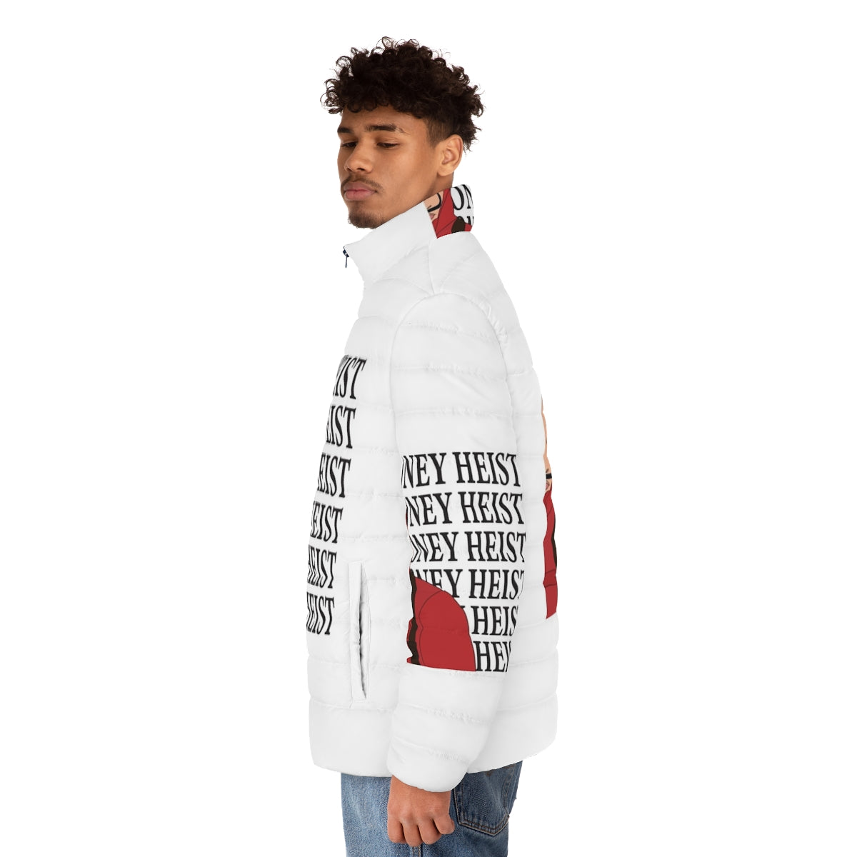 Money Heist Half Puffer Jacket with characters from the Netflix series - men side left