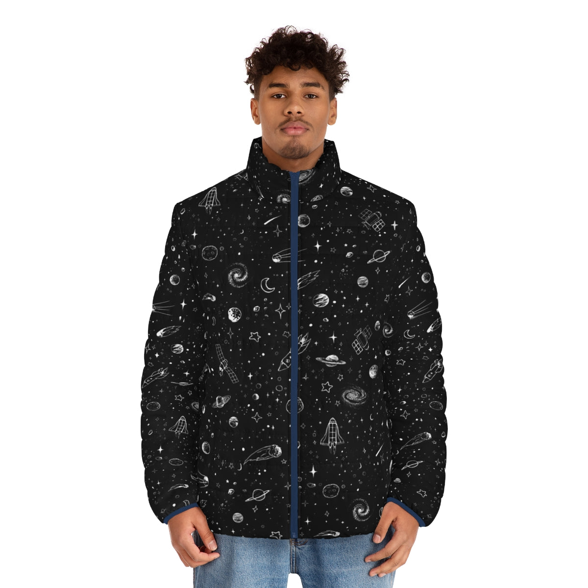 A stylish space puffer jacket featuring a galaxy print design - men front