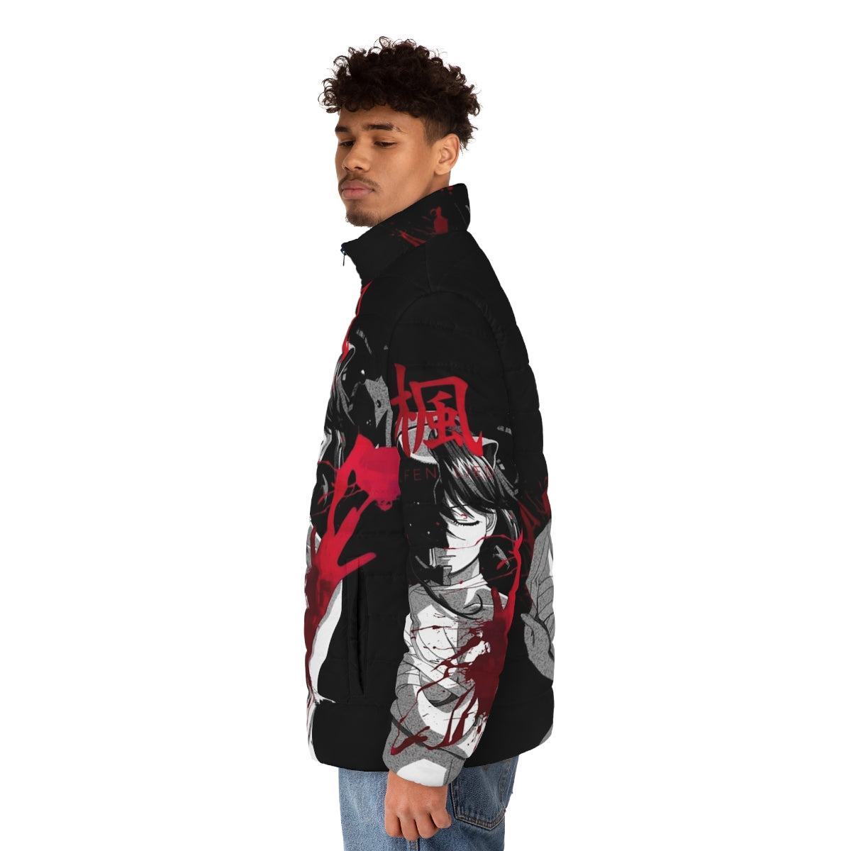 Dark puffer jacket with anime-inspired design - men side left