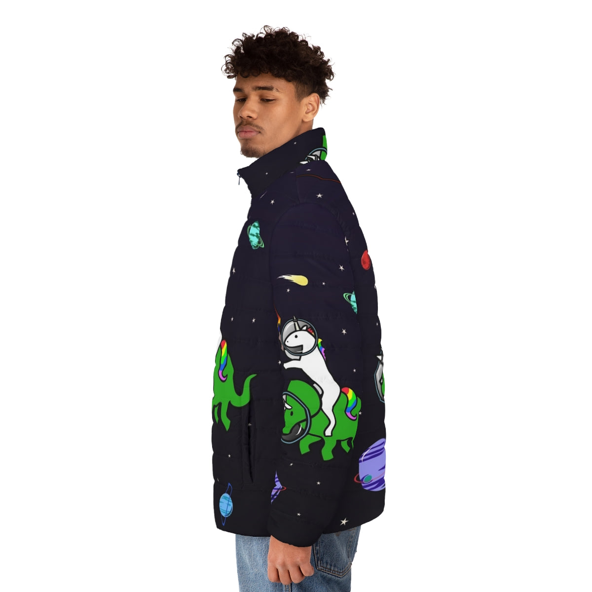 A whimsical puffer jacket featuring a unicorn riding a triceratops in an outer space setting - men side left