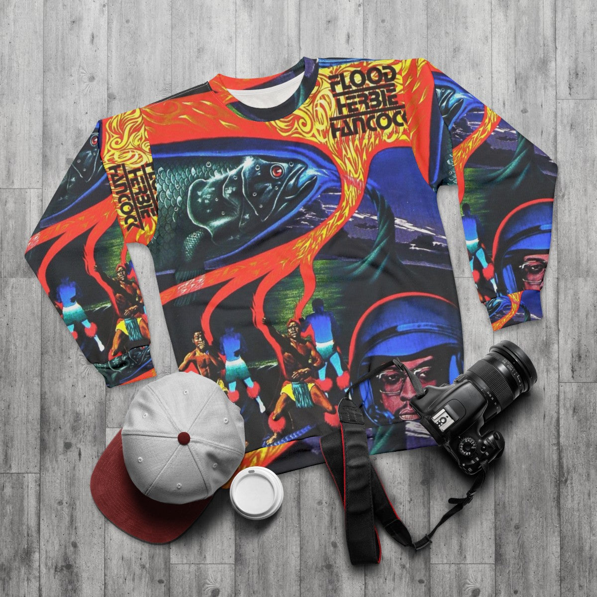 Flood Album Sweatshirt featuring jazz, funk, soul, and blues music design - flat lay