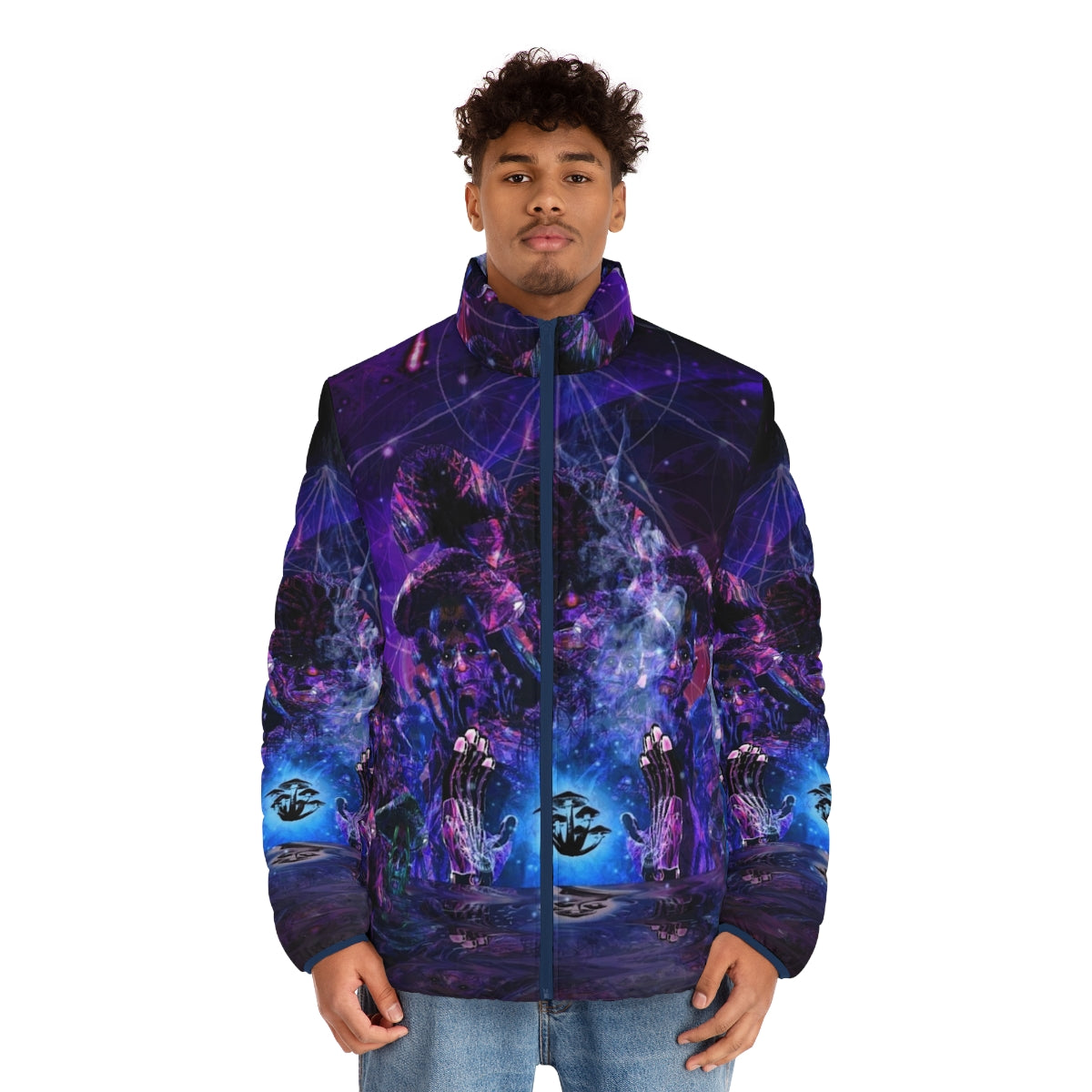 Colorful psychedelic fractal puffer jacket with mind-expanding visuals - men front