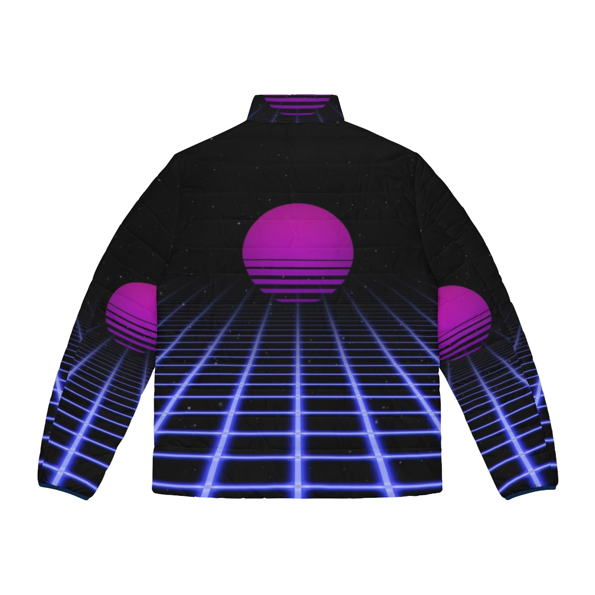 80s digital sunset aesthetic puffer jacket with glowing grid design - Back