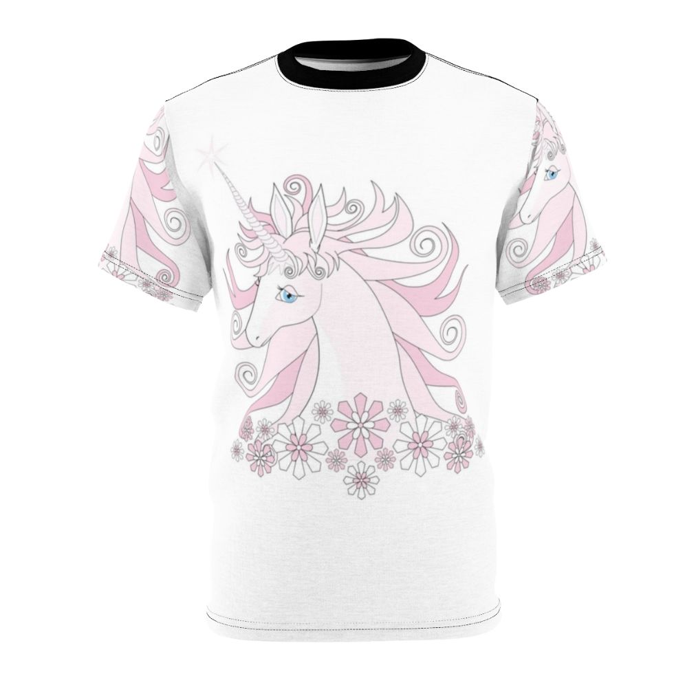 A whimsical t-shirt featuring a beautiful pink unicorn in a fantasy landscape