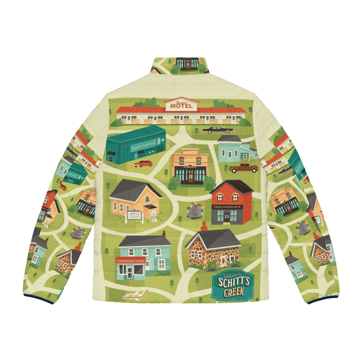 Schitt's Creek Town Map Puffer Jacket with Sitcom Characters - Back