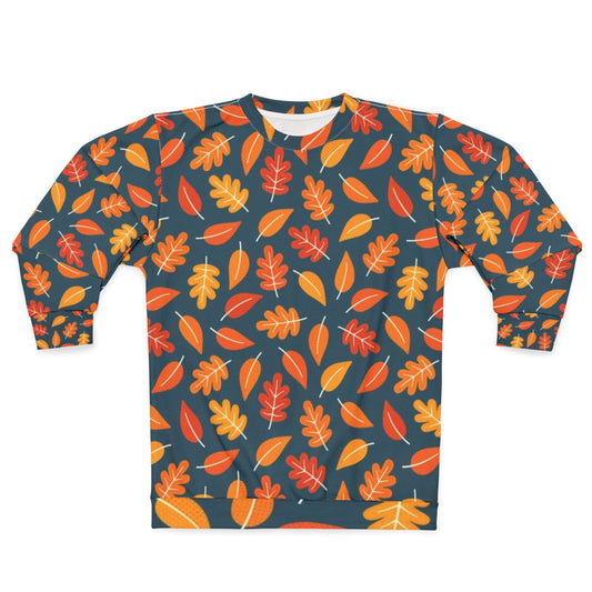 Retro autumn leaves on indigo blue sweatshirt