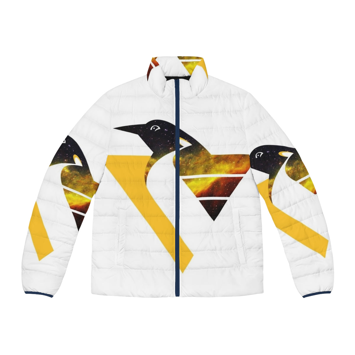 Nebula Penguins Throwback Puffer Jacket, featuring a space-inspired design and throwback Pittsburgh Penguins logo