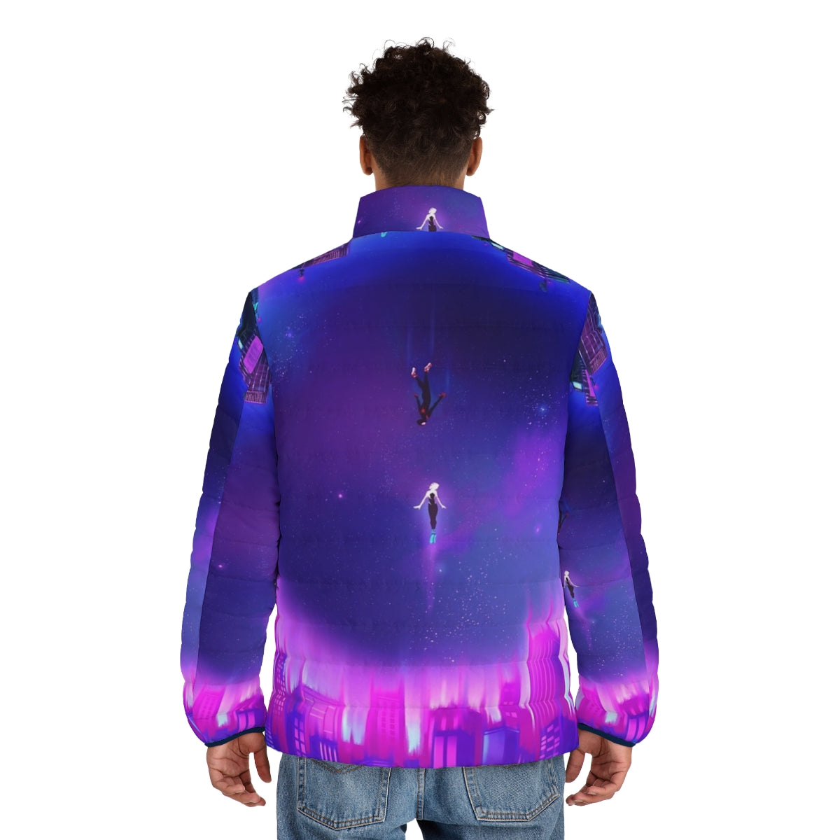 Spider Verse Miles Morales and Gwen Stacy Puffer Jacket with comic book characters - men back