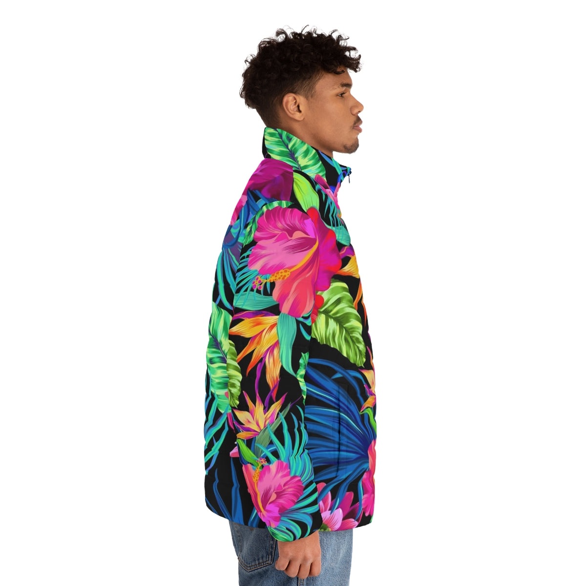 Hibiscus pattern puffer jacket, a fashionable and cozy outerwear piece - men side right