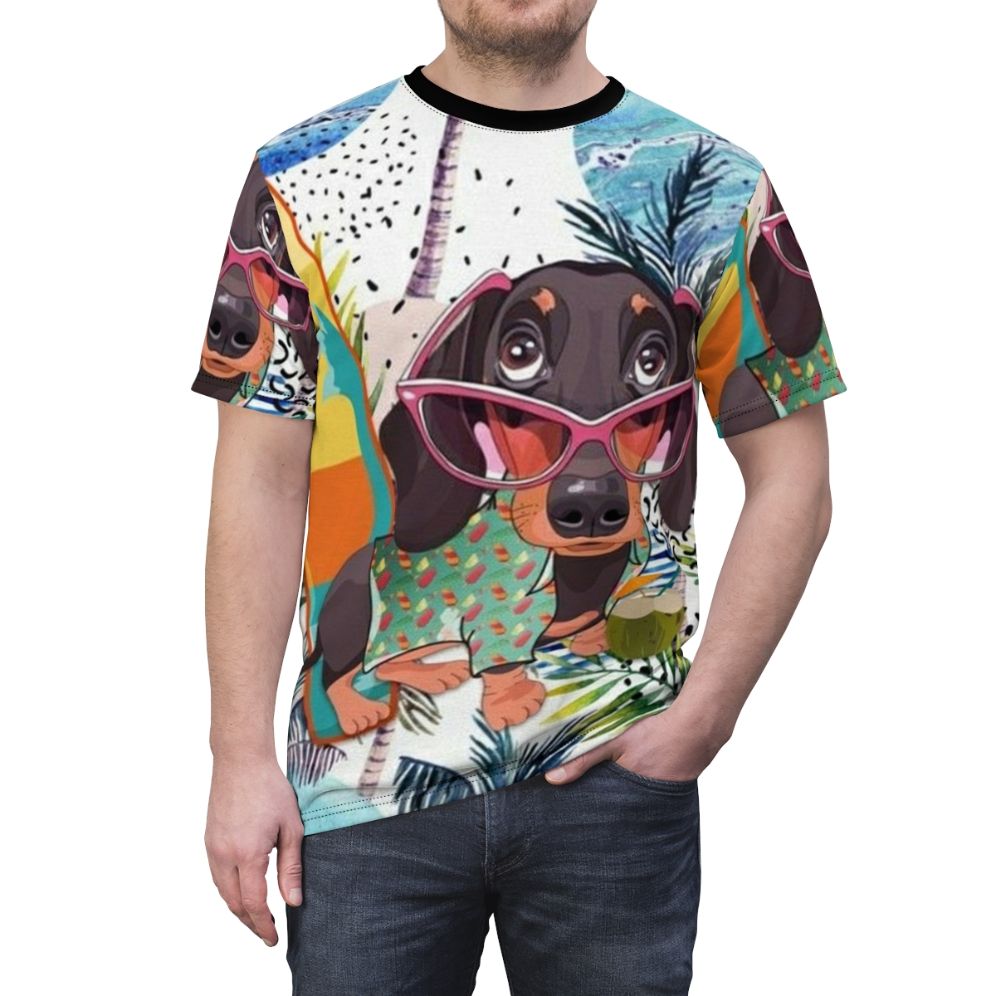 Dachshund dog in a vibrant pop art style on a t-shirt - men front