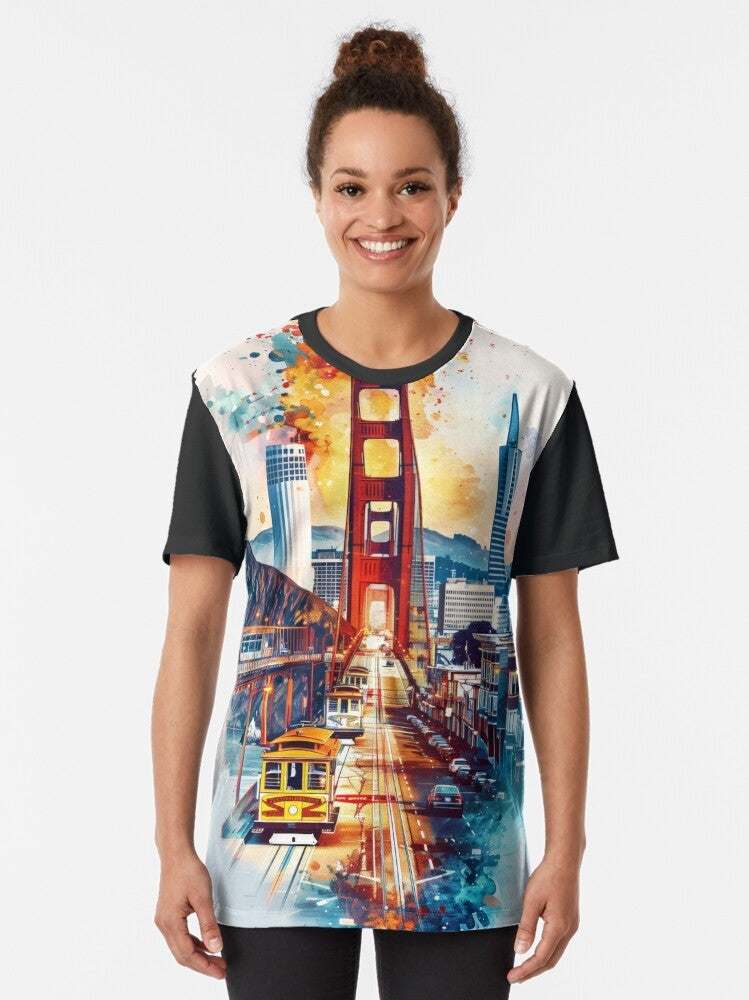 Graphic t-shirt featuring the iconic San Francisco Golden Gate Bridge and cable cars in a vibrant, artistic collage design. - Women