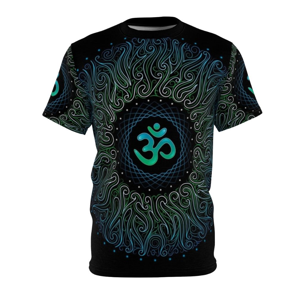 Psychedelic yoga Om mandala design on a black t-shirt with floral patterns and sacred geometry elements.