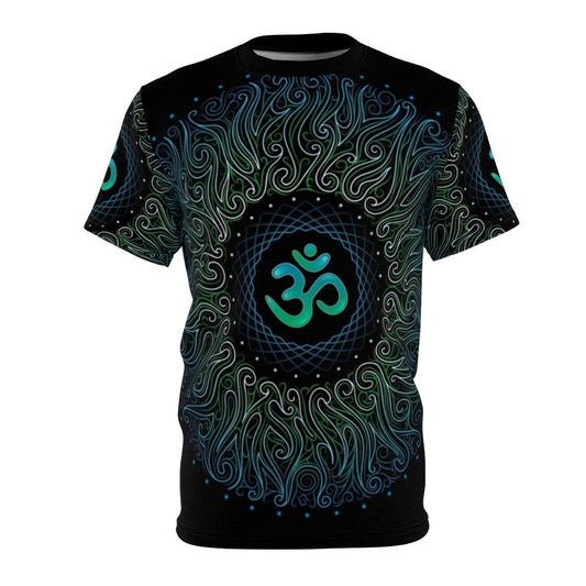 Psychedelic yoga Om mandala design on a black t-shirt with floral patterns and sacred geometry elements.