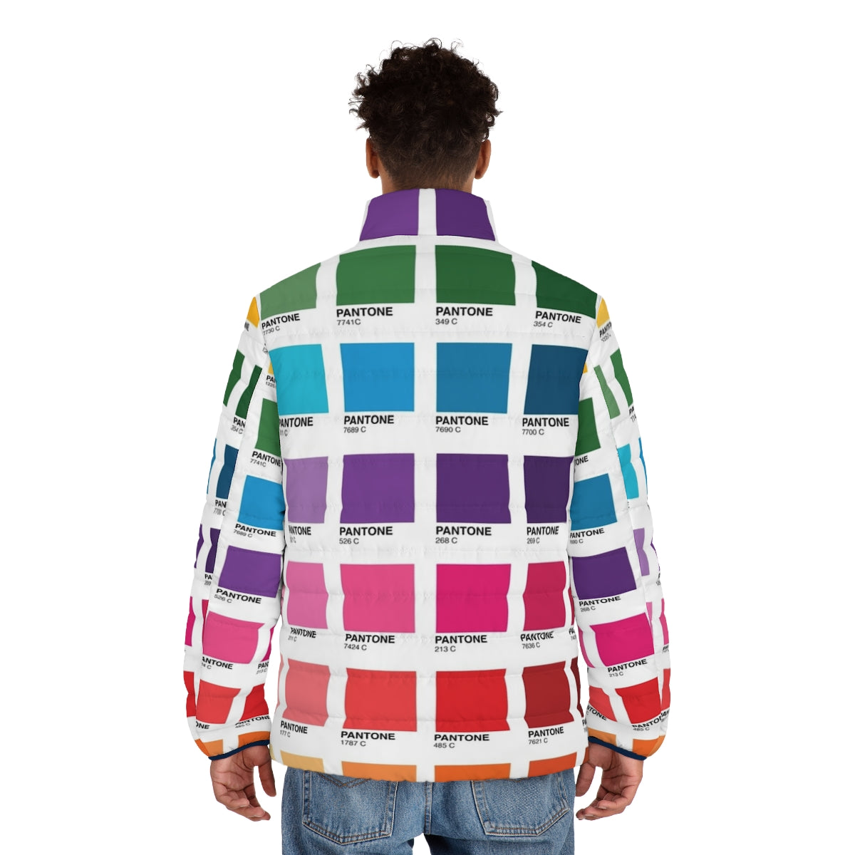 Puffer jacket in a vibrant Pantone color palette, perfect for fashion and graphic designers. - men back