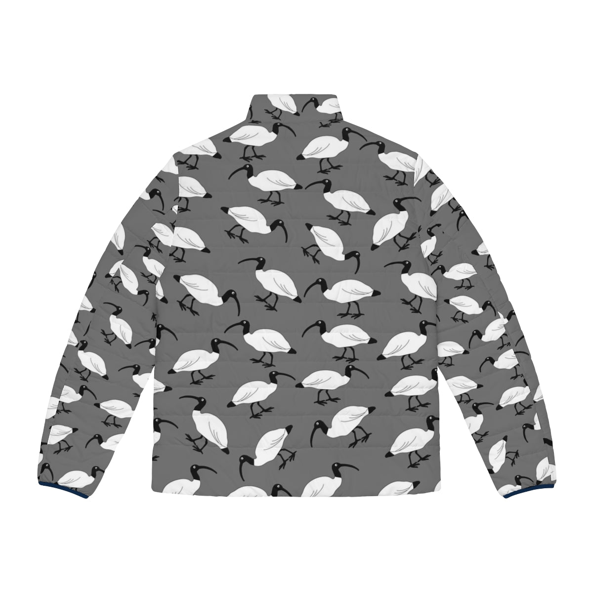 Puffer jacket with a pattern of bin chickens, a common Australian scavenger bird - Back