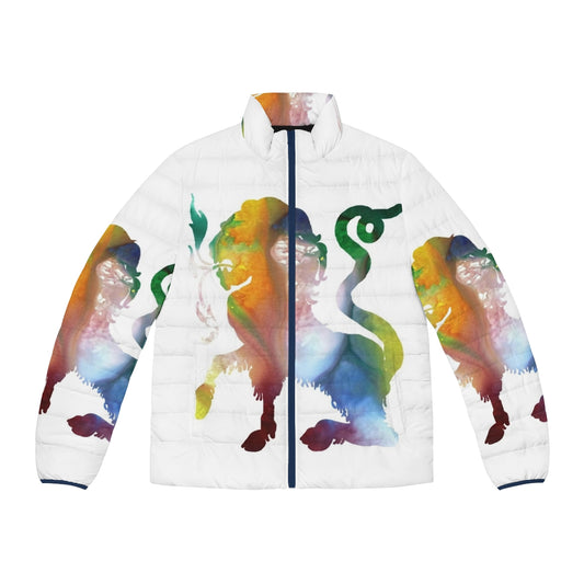 Colorful watercolor illustration of a chimera, a legendary Greek mythological creature, featured on a puffer jacket