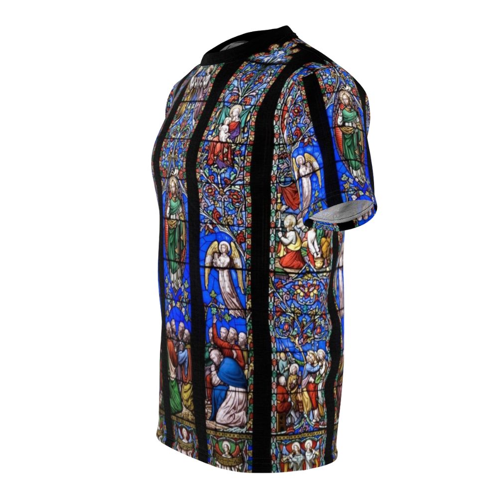 A high-quality t-shirt featuring a stunning design of a stained glass church window, perfect for those seeking faith-based fashion. - men left