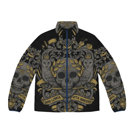 Ars Longa Vita Brevis artistic puffer jacket with heraldic design