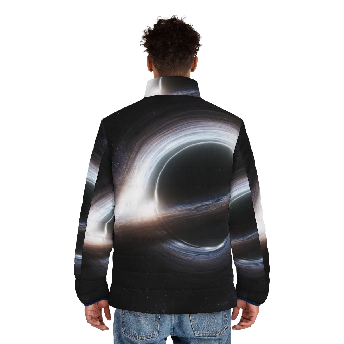 Gargantua space-themed puffer jacket with black hole and galaxy design - men back