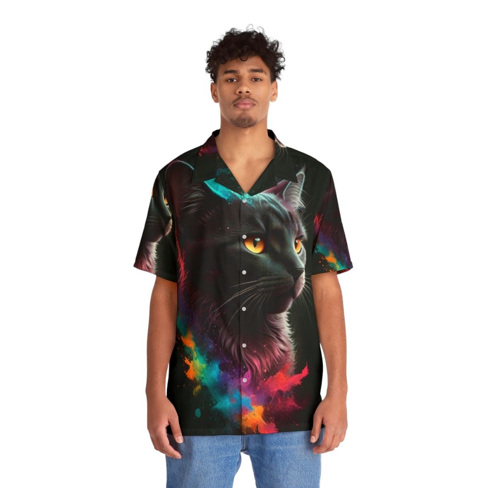 Colorful Hawaiian shirt with a playful cat print design - People Front